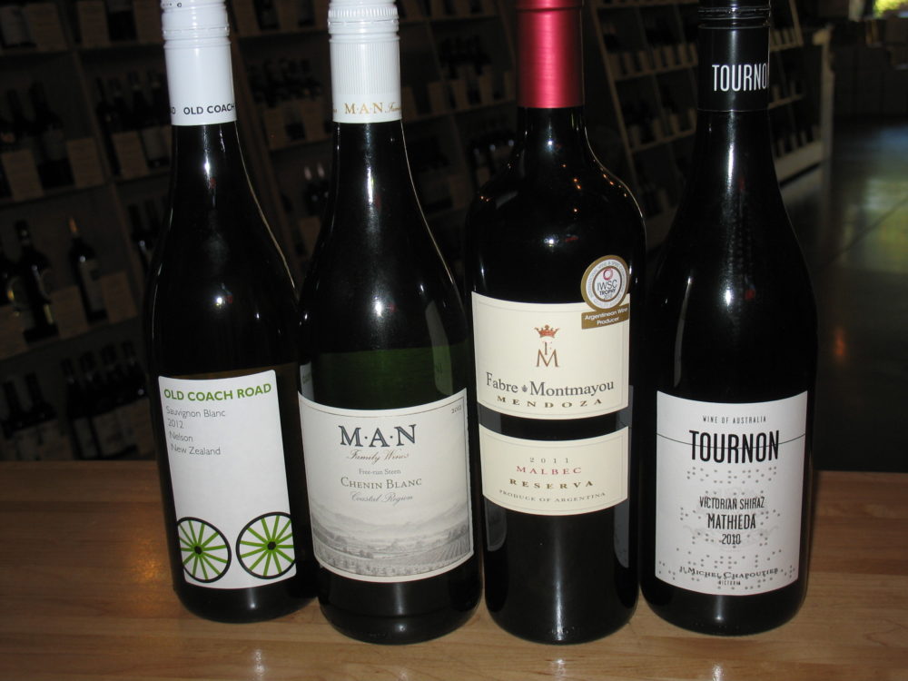 New Zealand Sauvignon Blanc, South Arican Chenin Blanc, Argentinean Malbec, Australian Shiraz
